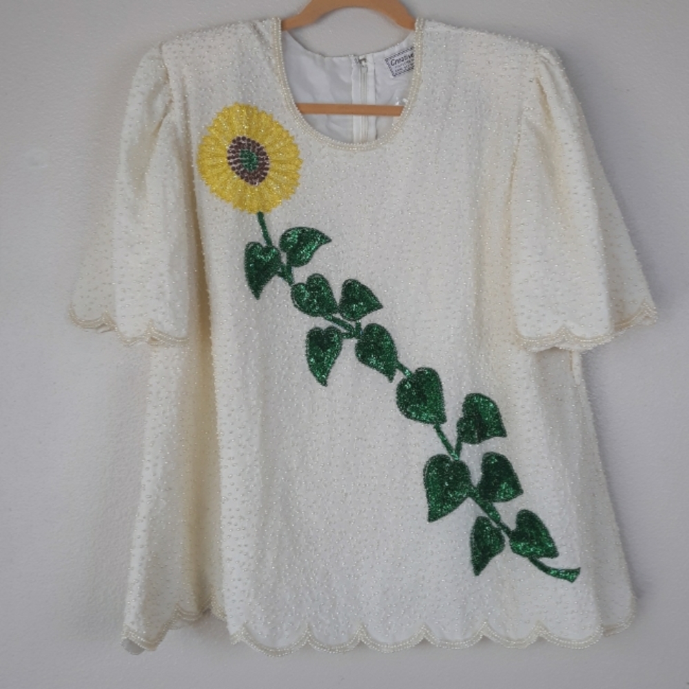 NWT Vintage Creative Touch Beaded Sunflower Top Plus Size 52/60 (Approx 24 US)
